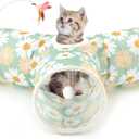 Tempcore Pet Cat Tunnel Tube Cat Toys 3 Way Collapsible, Cat Tunnels for Indoor CatsKitty Tunnel Bored Pet Toys Peek Hole Toy Ball Puppy, Kitty, Kitten, Rabbit Daisy Green Printed
