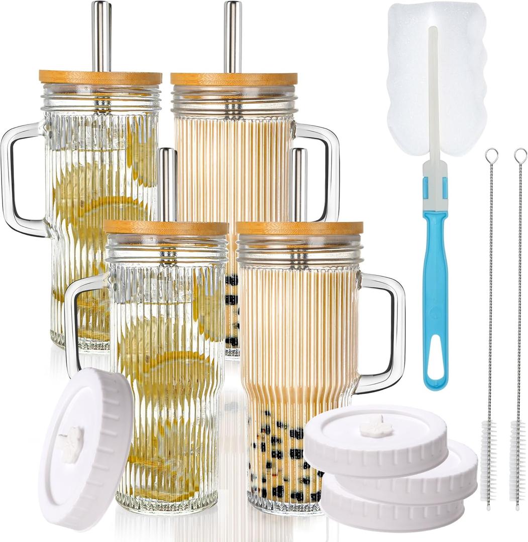 24oz Ribbed Glass Tumbler With Handle,4Pack Glass Cup with Lids and Straws,Reusable Glass Iced Coffee Cups With lids,Mason Jar Cup&Drinking Glasses for Smoothie,Shake,Juice,Soda Water,Tea,Travel Cup