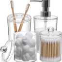 Plastic Clear Bathroom Accessories Set Complete 4 Pcs - Soap Dispenser, 2 Qtip Holder Jars and Toothbrush Holder, Counter Decor