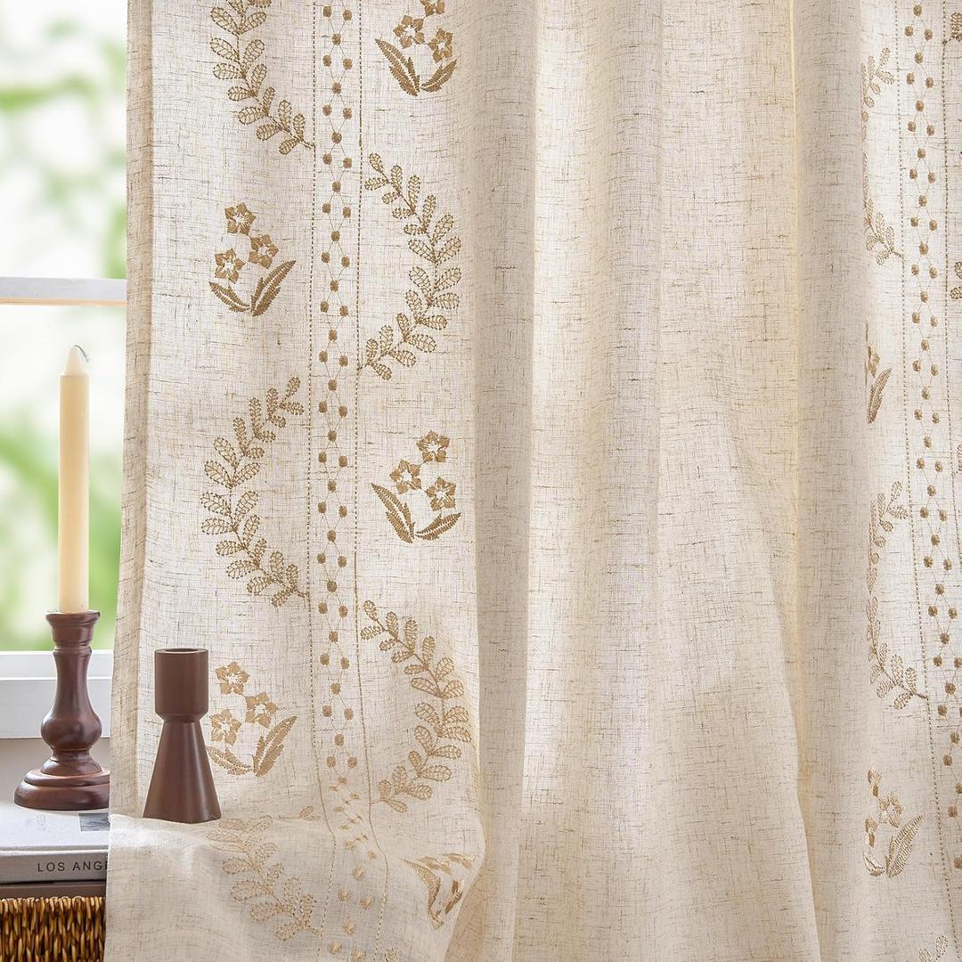 jinchan Belrose Lined Linen Blend Curtains Boho Floral Curtains for Bedroom 84 Inch Length Beige Embroidered Drapes Rod Pocket Farmhouse Flower Drapes for Living Room Window Treatments Set 2 Panels