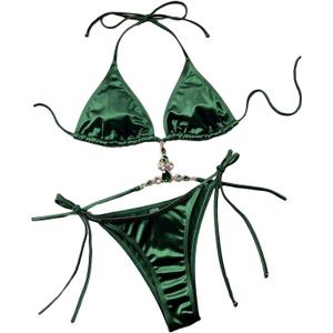 Women's Satin 2 Piece Rhinestone Bathing Suit High Waisted Swimsuit Bikini Set (Large, Green)