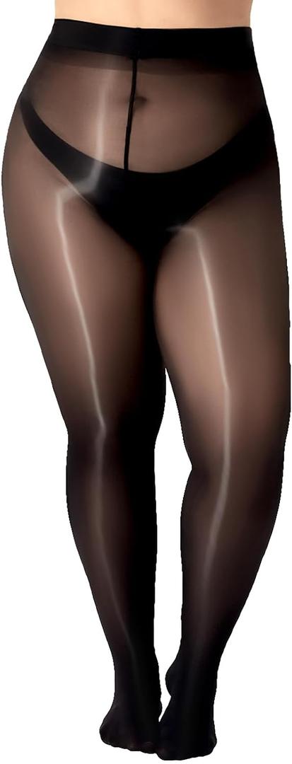 Women's Shiny Pantyhose Plus Size Sheer Tights Silk Oil High Waist Shimmer Stockings (Black, XXL)