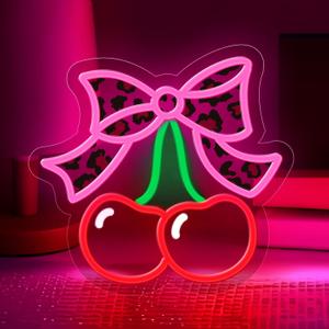 Cherry Bow Neon Sign for Wall Decor,Dimmable Cute Fruits Cherry Neon Light,Leopard Print Bow Light Up Signs for Girls Women Bedroom Party Bar Background Valentine's Day Decorations Gifts