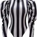 CosplayDiy Women's Black White Striped Jumpsuit Adult Sexy Bodysuit Cosplay Costume (Large)