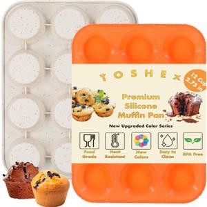 Silicone Muffin Pan 12 Cup Regular Silicone Cupcake Pan [2 Pack] Non-stick Baking Molds Great for Making Muffin Cakes, Bread, Tart, Brownies (Cream & Orange, 2 Pack 12 Cup)