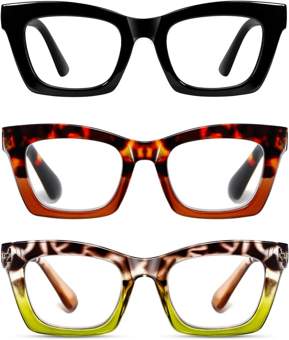Hubeye Square Reading Glasses for Women Men Blue Light Blocking Computer Fashion Style Readers with Spring Hinge (Black+Leopard+Green Leopard)