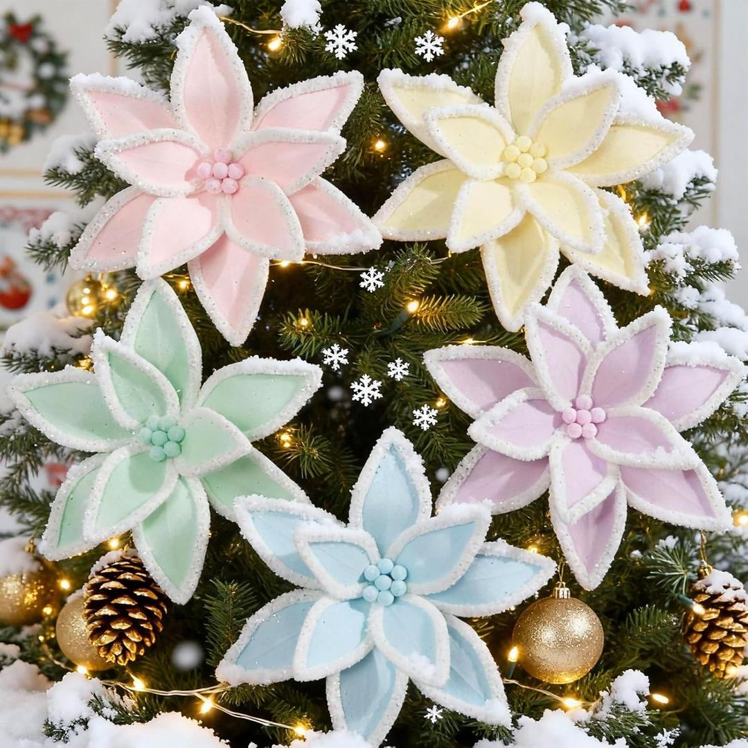 Suncalla 15 Pcs Pastel Christmas Poinsettia Flowers 6 Inch Candy Christmas Tree Decorations Silk Artificial Macaron Flowers Ornaments for Xmas Decor Party Favors Supplies