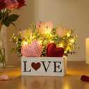 Valentines Day Decor, Rustic Wooden Love Sign Planter Box with Artificial Greenery, Farmhouse Valentines Table Centerpieces Decorations with Hearts & LED Lights for Desk Mantel Home Kitchen Office