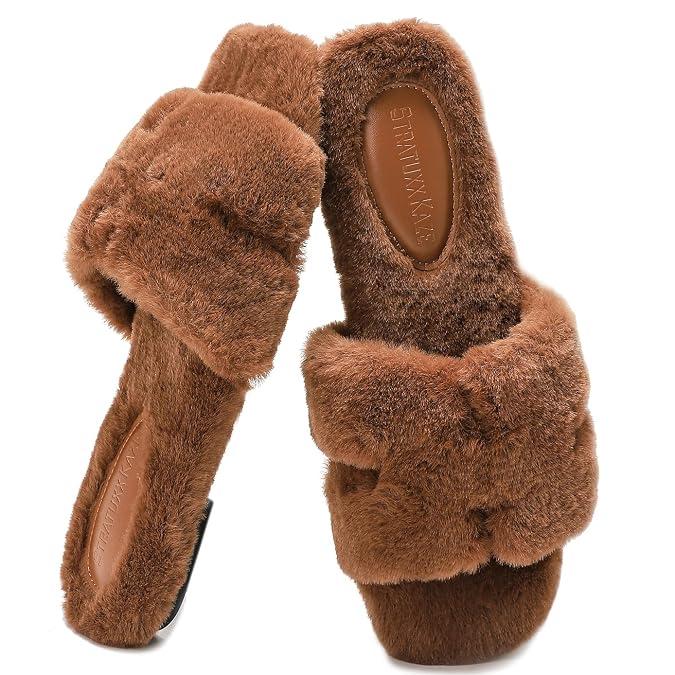 Stratuxx Kaze Womens Fur Slippers Comfy House Slides Sandals Open Toe Memory Foam Indoor Fluffy Slippers for Women Birthday Gift for Mom