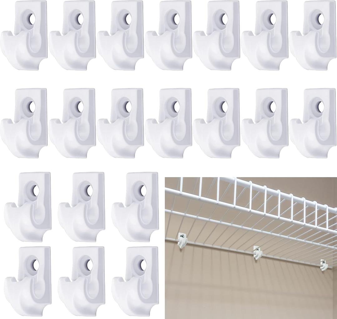 Amyhill 20 Pieces Wire Shelf Clips Down Wall Brackets Wire Shelving Accessories Plastic Heavy Duty Shelf Bracket Clips for Metal Shelving Screws and Expansion Tube Not Included (White)