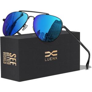 LUENX Aviator Sunglasses for Men Women Polarized Driving Classic Shades - UV 400 Protection with Accessories 60MM (5-mirrored Blue Lens/Black Frame)