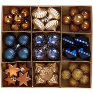 DecorbyHannah Mini Christmas Ornaments, 45ct Small Blue Copper Gold Christmas Tree Decorations, Assorted Tiny Celestial Shatterproof Plastic Decorative Hanging Ball Bulk Set for Xmas Home Table Decor