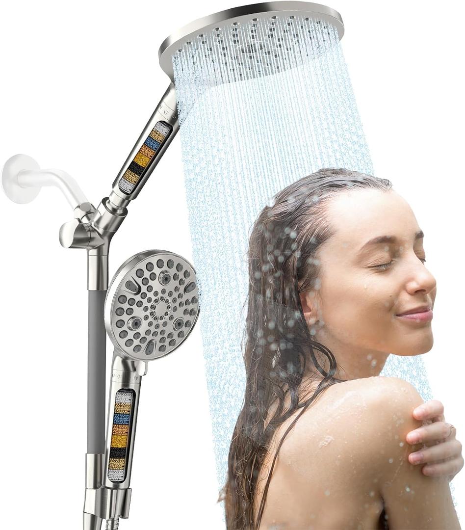 JONKEAN Dual Shower Heads with Handheld Spray Combo, 7.5" Big Filtered Double Shower Head for Hard Water, 9 Modes Waterfall Rain Shower Head High Pressure with Long Hose (Brushed Nickel)