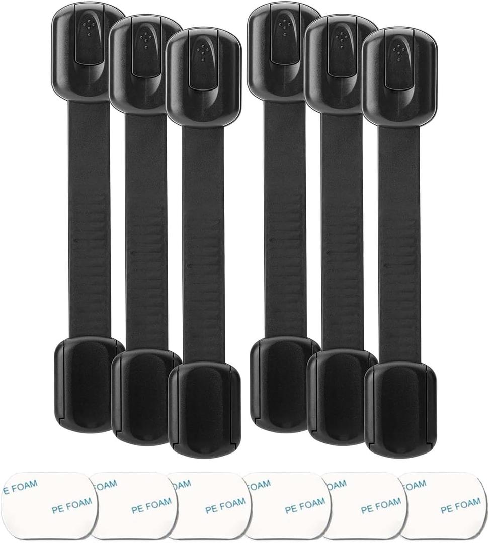 Baby Safety Cabinet Locks, 6 Packs Adjustable Childproof Straps with Adhesive for Dresser Drawer Cupboard Doors Closet Oven Refrigerator Fridge
