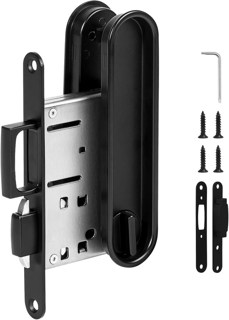 HBL' Pocket Door Lock with Handles - Keyless Privacy, 2-in-1 Pocket Door Handles, Fits Solid Wood Doors 1-1/2" to 2" Thick, Black