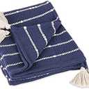 DII Striped Throw Collection Cotton Slub, Hand-Tied Tassels, 50x70, French Blue & Off-White