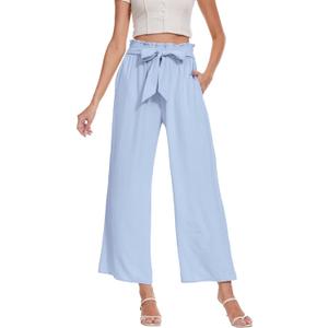 Beautiful Nomad Women's Wide Leg Lounge Pants High Waist Adjustable Knot Loose Casual Work Flowy Trousers with Pockets (Medium, Haze Blue)
