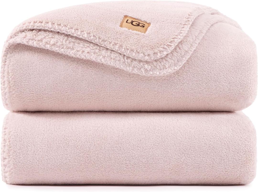 UGG Whitecap Full/Queen Blanket, Fleece Fluffy Blanket for Bed, Luxury Cozy Oversized Throw for Couch, Washable Hypoallergenic Queen Bedding, Cute Decor, 90" x 90", Quartz Pink
