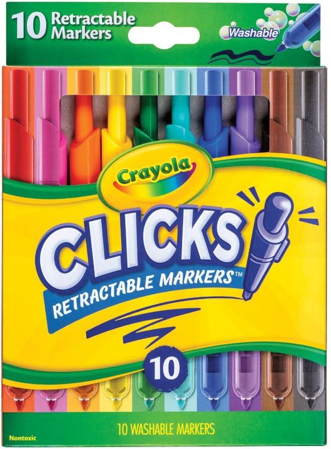 Crayola Clicks Retractable Tip Markers (10ct), Stocking Stuffers for Kids & Toddlers, Cone Tip Washable Art Marker Set, Coloring Book Supplies, No Dry, 3+ (Classics)