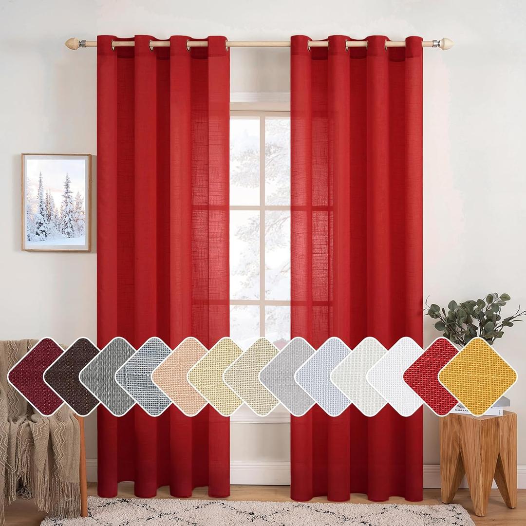 MIULEE 2-Panel 84 Inch Farmhouse Linen Sheer Window Curtains - Elegant Red Drapes With Grommet Top - Voile Panels, Linen Textured - Bedroom/Living Room (52 X 84 Inch)