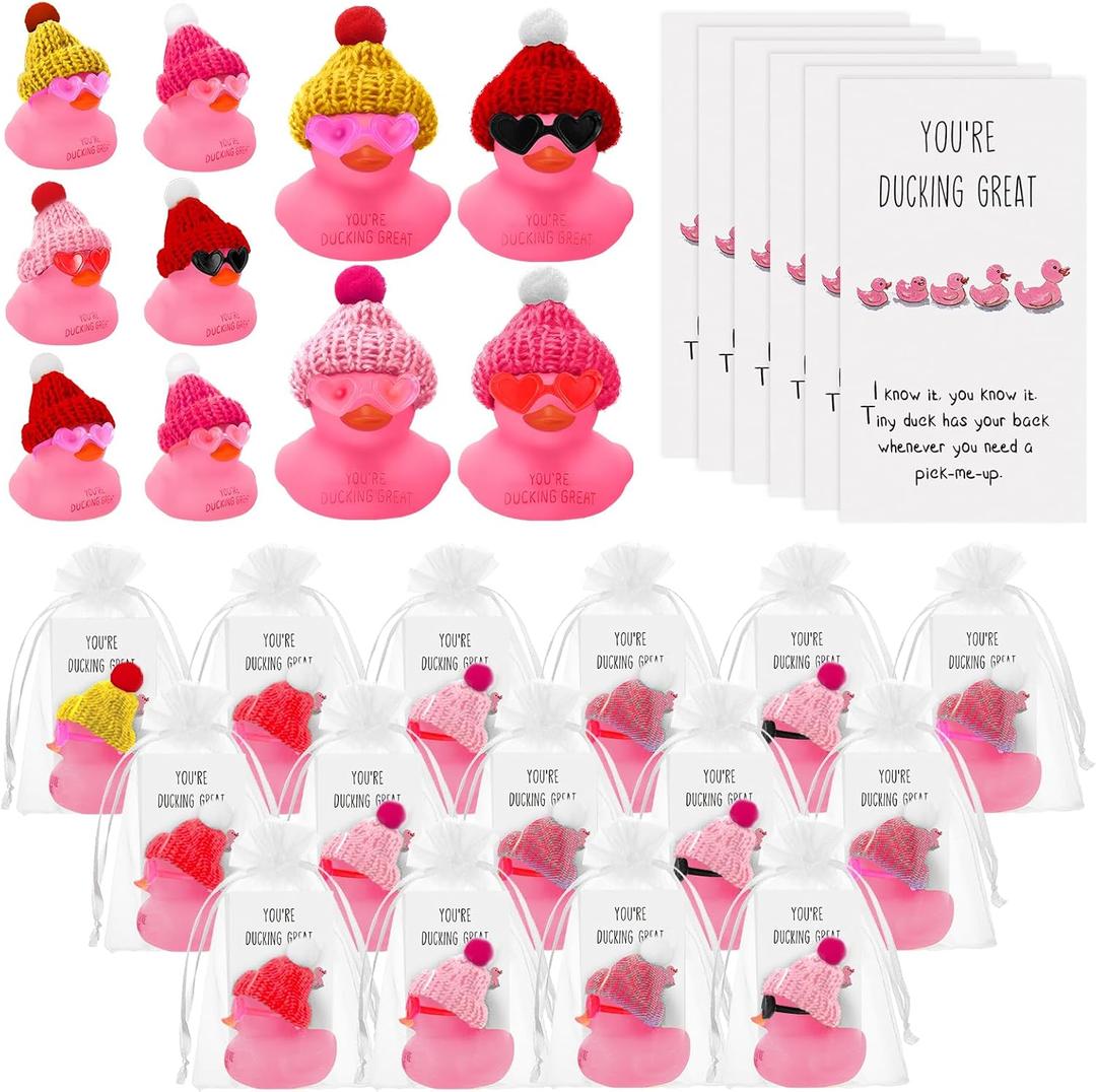 Deekin 30 Sets 2 Inch Valentines Day Mini Rubber Ducks Bulk Pink You're Ducking Great Rubber Ducks with Glasses and Hats with Card Organza Bags Bulk Galentines Friends Coworkers (Vivid Color)