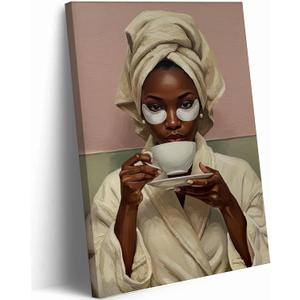 Black Woman Banthroom Canvas Wall Art Relaxing Woman Drinking Coffee Picture Wall Decor African American Black Girl Spa Poster Zen Yoga Painting Print Artwork for Restroom Toilet Washroom Home Decor
