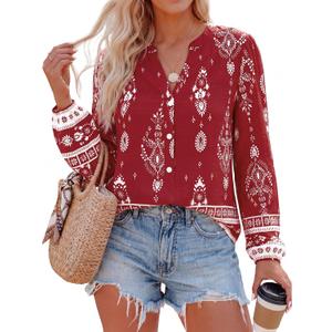 BTFBM Womens Tops Spring Casual Long Sleeve Shirts Button Up V Neck Bohemian Blouses Loose Tunics Vacation Outfits (Small, Red White Floral)