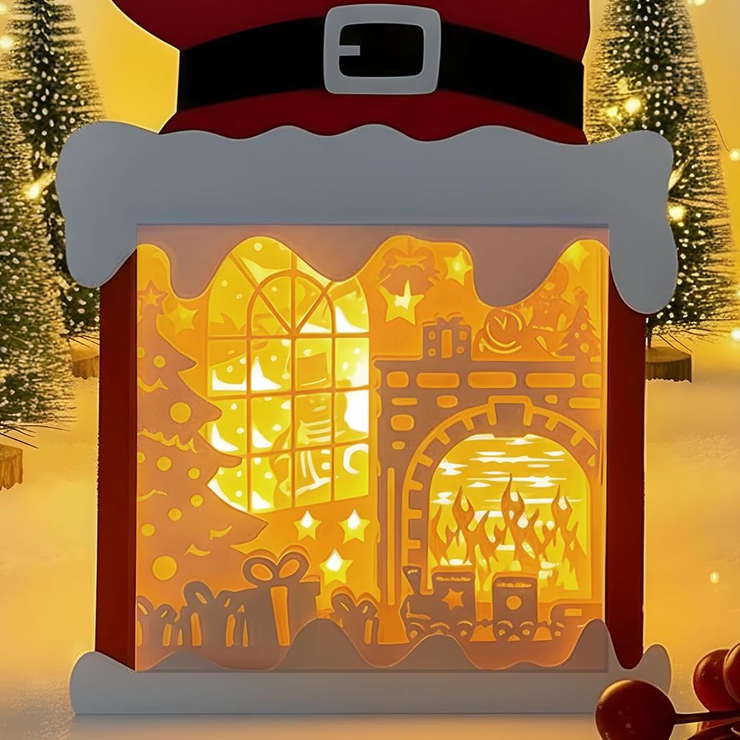 2 x Lighted Christmas Fireplace Scene Tabletop Decor, Fire Santa Paper Lantern Box Decoration with LED Light for Mantel, Indoor, New Year, DIY Xmas Gifts for Coworkers, Friends, Teacher, Family