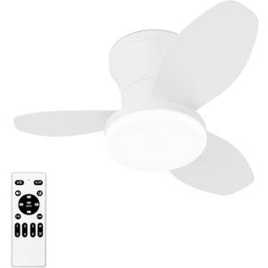 Glowall Small Ceiling Fan with Lights, 25 Inch Flush Mount with Remote Control, Reversible Quiet DC Motor, White, 3 Blades, 6 Speeds, Dimmable LED, Adjustable Color Temperature, Timer