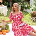 Women's Summer Boho Off Shoulder Midi Dress Ruffle Sleeve Smocked Elastic Waist Flowy Dresses (L)
