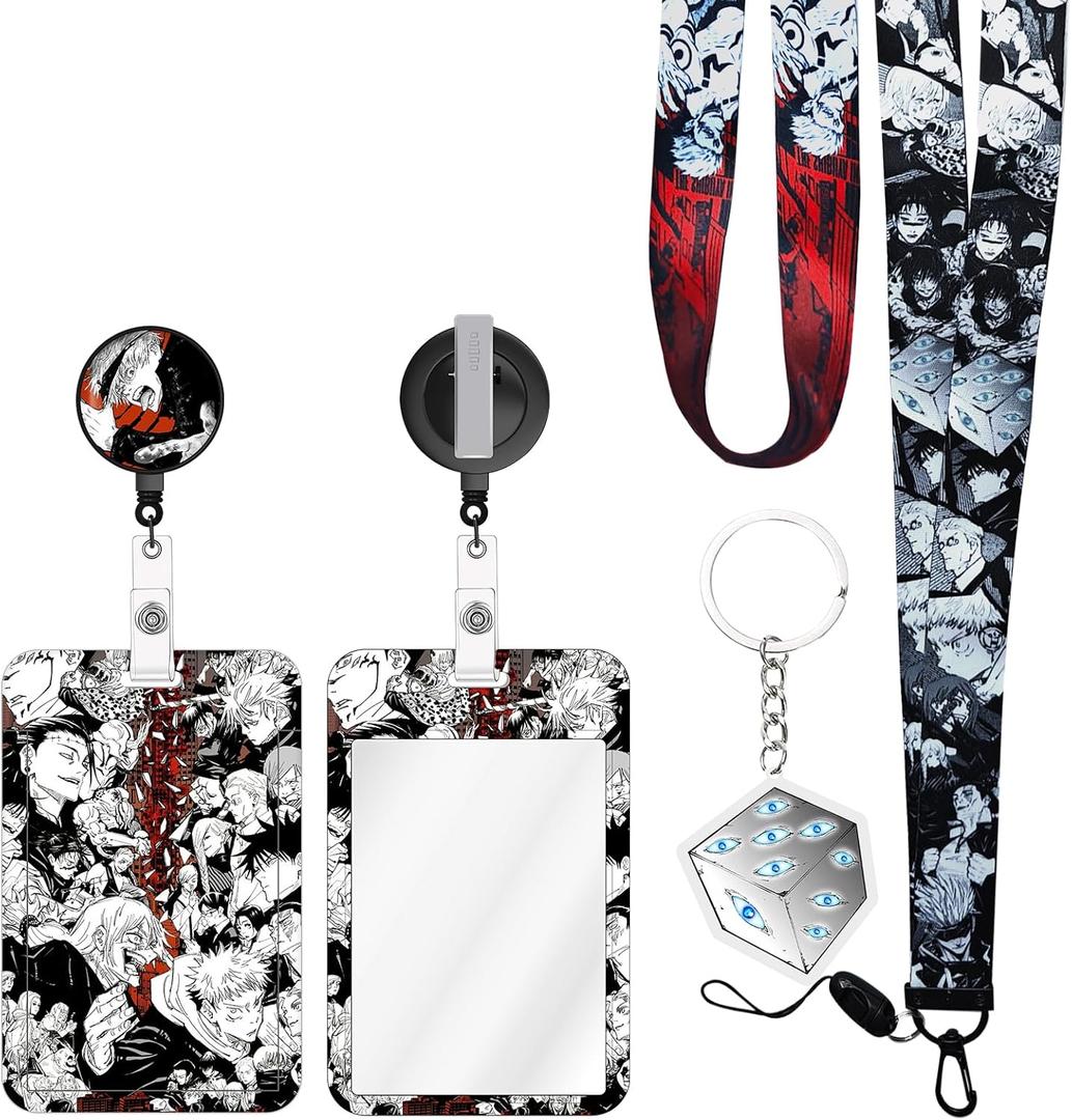 4PCS Set Anime Neck Lanyard with Retractable Badge Reel and Cool Satoru Anime ID Badge Holder(with Anime Keychain) Swivel Clip Alligator Clip for Nurses Student Teacher Women Men (White)