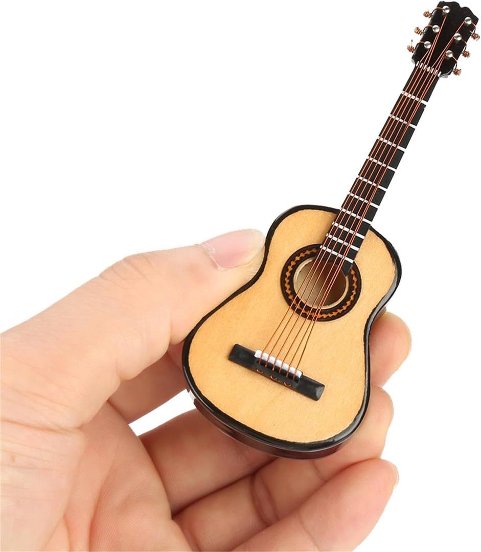 Miniature Guitar, 3.9in Wooden Tiny Guitar Decorative Model for Mini Music Ornament Display Dollhouse Accessories Model Home Decoration