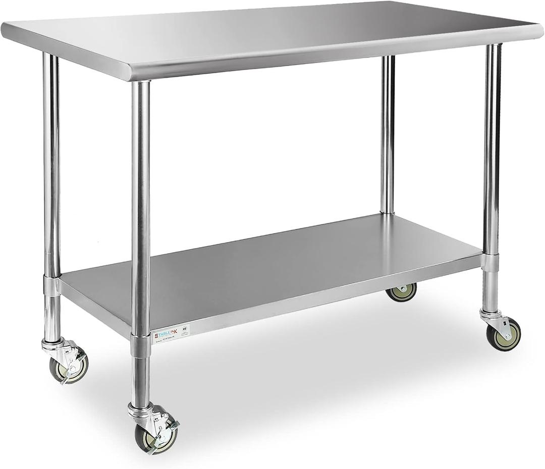 STABLEINK Stainless Steel Table with Caster Wheels 24 x 60 Inches 5ft, NSF Commercial Prep & Work Table with Adjustable Undershelf and Table Foot, for Commercial Kitchen, Restaurant, Hotel and Garage