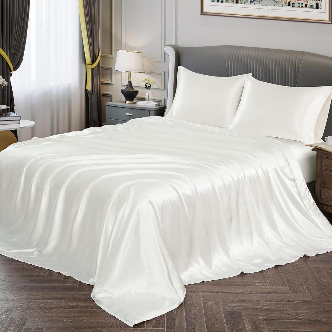 Vonty Satin Sheets Twin Silky Soft Satin Bed Sheets Ivory White Sheet Set, 1 Deep Pocket Fitted Sheet + 1 Flat Sheet + 1 Pillowcases