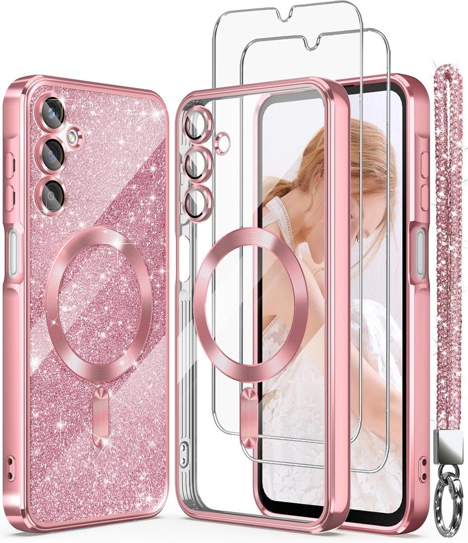 Magnetic for Samsung Galaxy A16 5G Case +2X Screen Protectors,Luxury Plated Gold Edge [Glitter Card&Wrist Strap] Slim Soft Crystal Clear TPU Shockproof Case Cover for Galaxy A16 5G-Pink