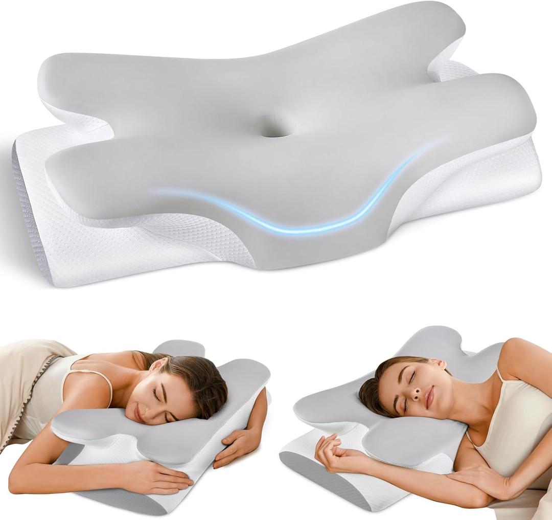 Cervical Neck Pillow for Neck Shoulder Pain Relief, Soft Contour Side Sleeper Pillow of 2 Heights, Odorless Q-max Cooling Memory Foam Orthopedic Bed Pillow for Back Stomach Sleeper (Grey-white)