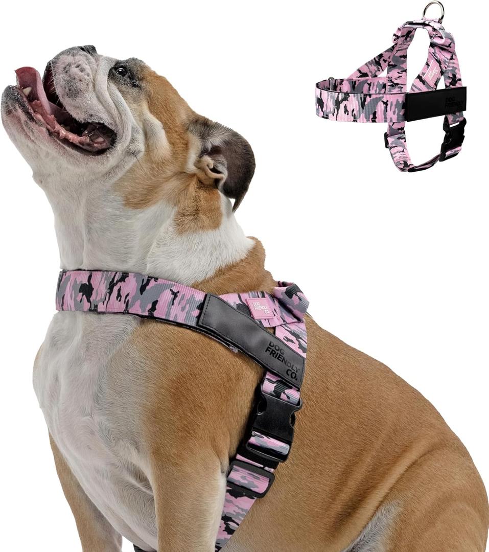 Dog Friendly Co. Dog Harness | Chafe Resistant Webbing, Adjustable Neck & Chest, and Heavy Duty D-Ring | Sturdy, Comfortable, Easy to Use | Pink Camo, Size L