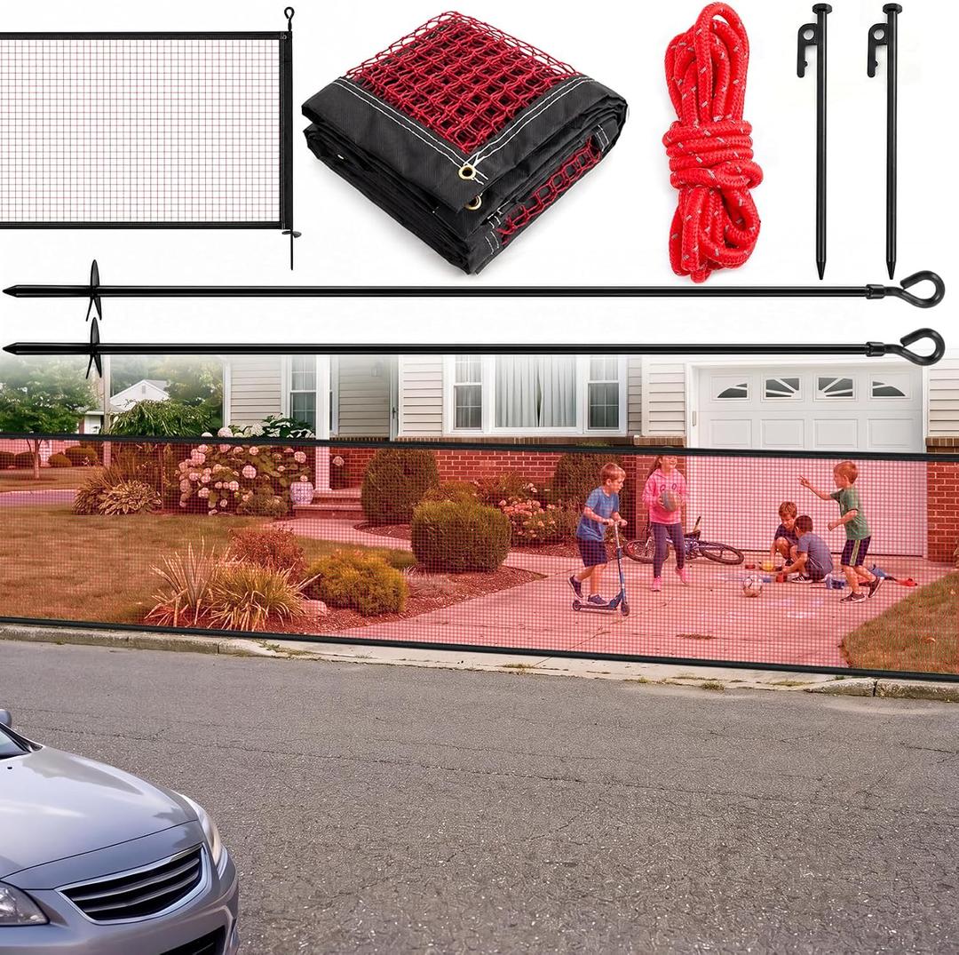 Soulchen Driveway Net for Kids Safety, 20 ft W x 38 in H Heavy-Duty Red Net Fence Gate Mesh Outdoor Yard Driveway Guard for Stop Balls, Protect Toddlers and Dogs Safety