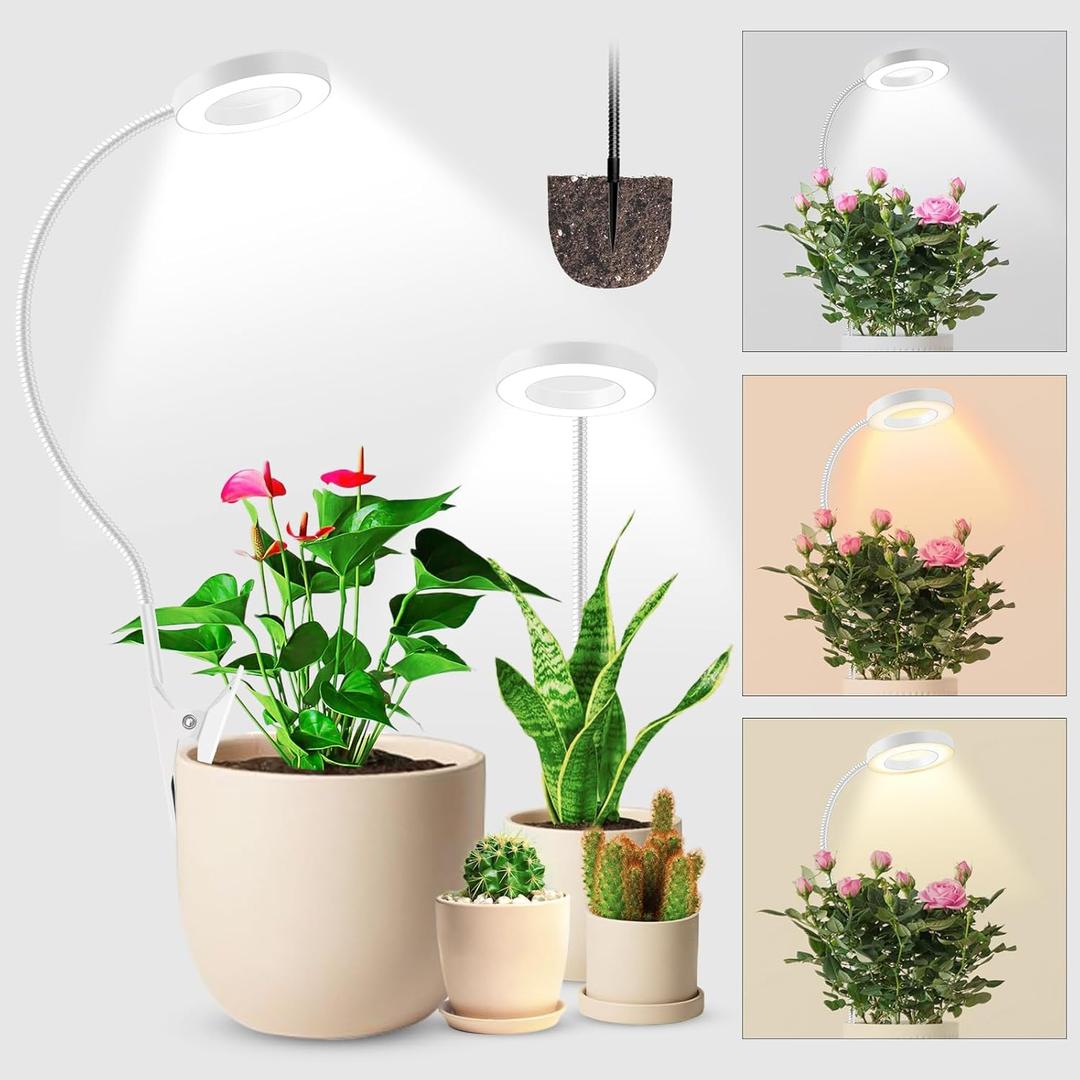 Wolezek 2 in 1 Grow Lights for Indoor Plants, 3 Colors Plant Lights for Indoor Growing with 360 Gooseneck, 48 LEDs Full Spectrum Plant Grow Lights Indoor, 6/12/16H Timer, 5 Brightness, White 2 Pack