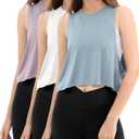 ODODOS 3-Pack Loose Tank Tops for Women Sleeveless Gym Athletic Workout Tops Yoga Shirts (Medium, Lavender+white+blue Fog (Crop))