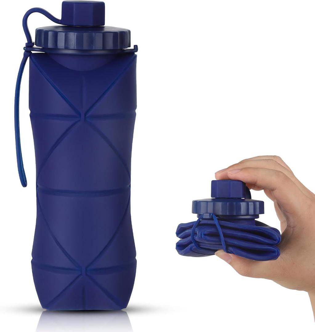 Silicone Collapsible Water Bottles,Lightweight Reusable Leakproof For Traveling Camping Hiking Cycling Sports Outdoor,Foldable Portable Travel Water Bottle 600ML Dark Blue 1Pack.