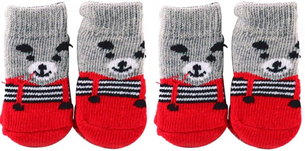 Dog Socks Christmas Non-Skid Pet Socks Paw Protector Slipper Socks Knit Dog Boots 4 Pcs Dog Paws Slipper Socks, Red Grey 
