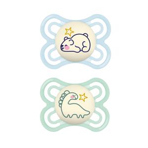 MAM Perfect Night Baby Pacifier, Patented Nipple, Glows in The Dark, 2 Pack, 0-6 Months, Boy (Pale Mint / Butter)