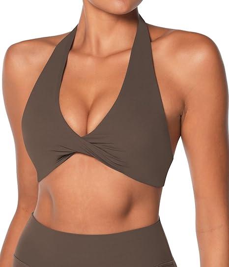 Sunzel Women's Halter Neck Sports Bra, Twist Front Yoga Crop Top with Removable Pads, Open Back V Neck Bra for Gym Workout (Medium, Seal Brown)