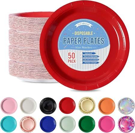 Amcrate Disposable Paper Plates Assorted Colors, 7 Inch Paper Dessert Plates, Strong and Sturdy Disposable Plate for Party, Dinner, Holiday, Picnic, or Travel Party Plate, Pack of 50