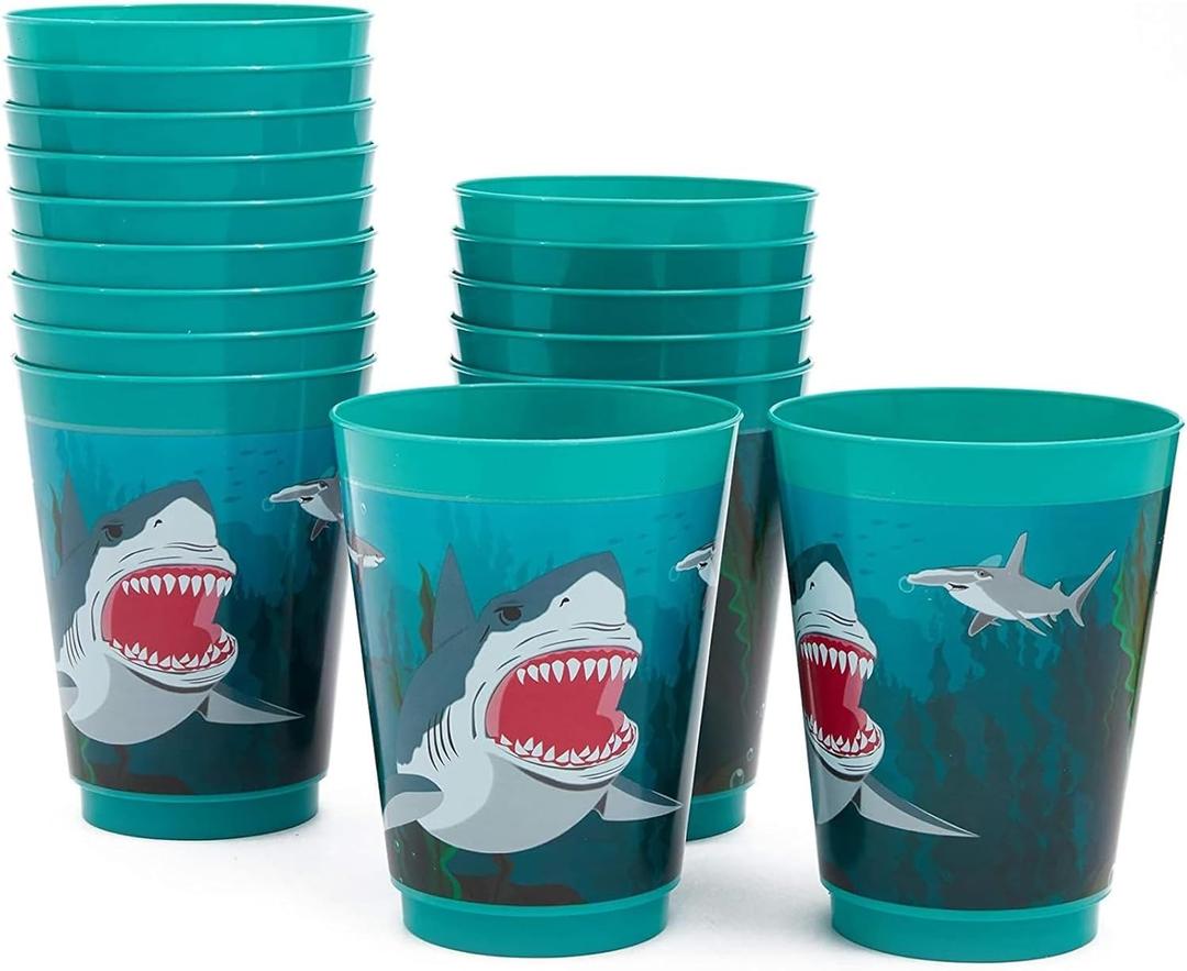 BLUE PANDA Shark Cups for Birthday Parties - 16-Pack, Blue Plastic - Reusable Cups for Kids & Adults