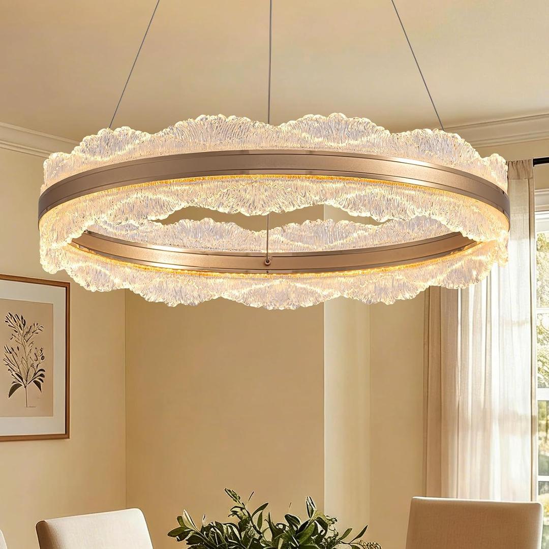 Gold Chandelier Light Fixture 23.6" Modern Led Chandelier 3 Colors Dimmable Chandeliers for Dining Room Contemporary Pendant Ceiling Light for Kitchen Island Bedroom Living Room with Remote Control