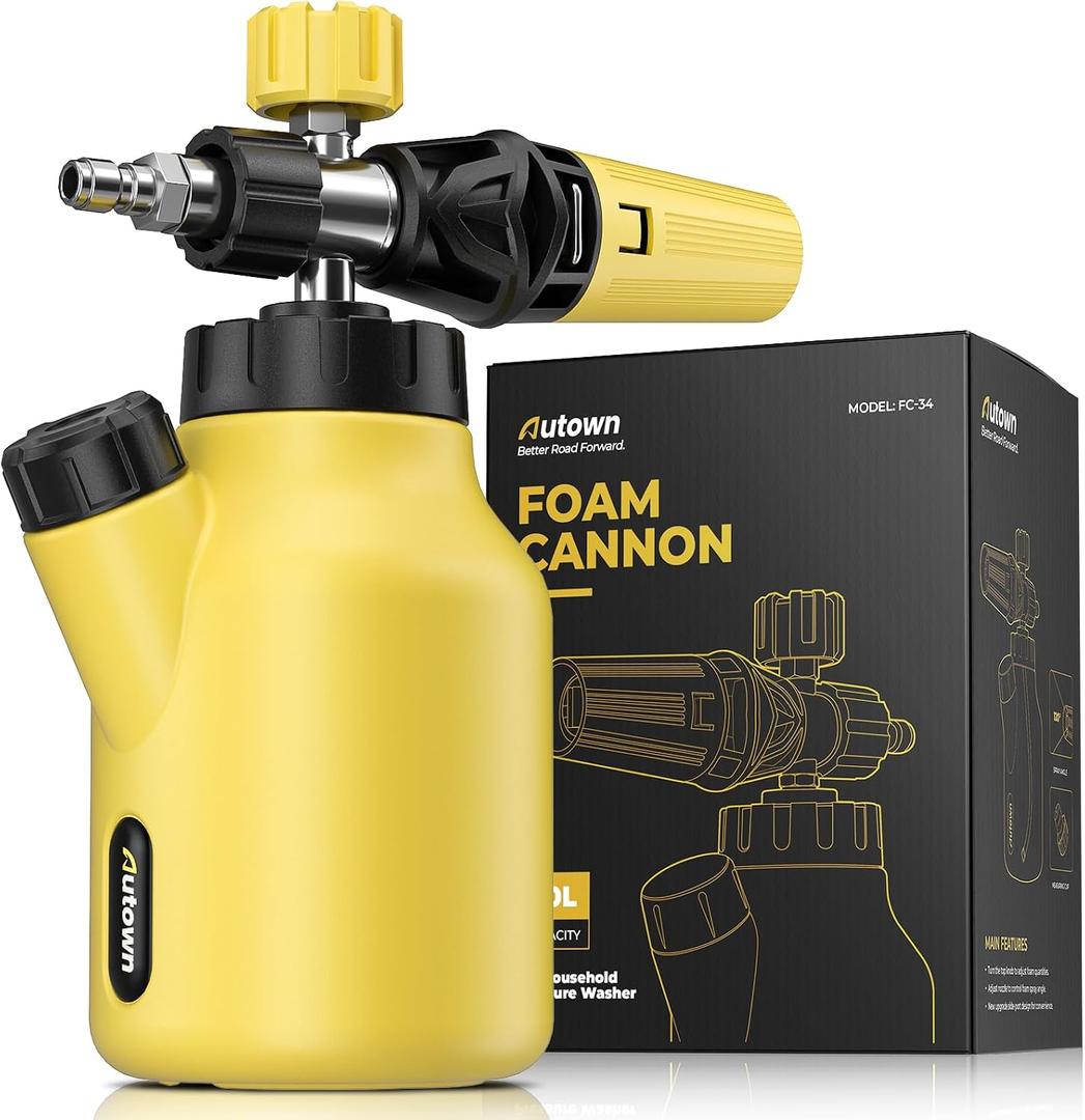AUTOWN Foam Cannon for Pressure Washer, Car Wash Foam Sprayer with 1/4 Quick Connector, Heavy Duty Car Wash Foam Gun, Adjustable Nozzle, Wide Neck, 1 L Bottle