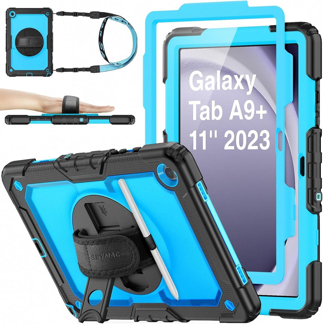 SEYMAC stock Case for Samsung Galaxy Tab A9+ Plus 11'', Full-Body Drop Protection Case with Screen Protector Pencil Holder [360 Rotating Hand Strap] &Stand, SkyBlue+Black