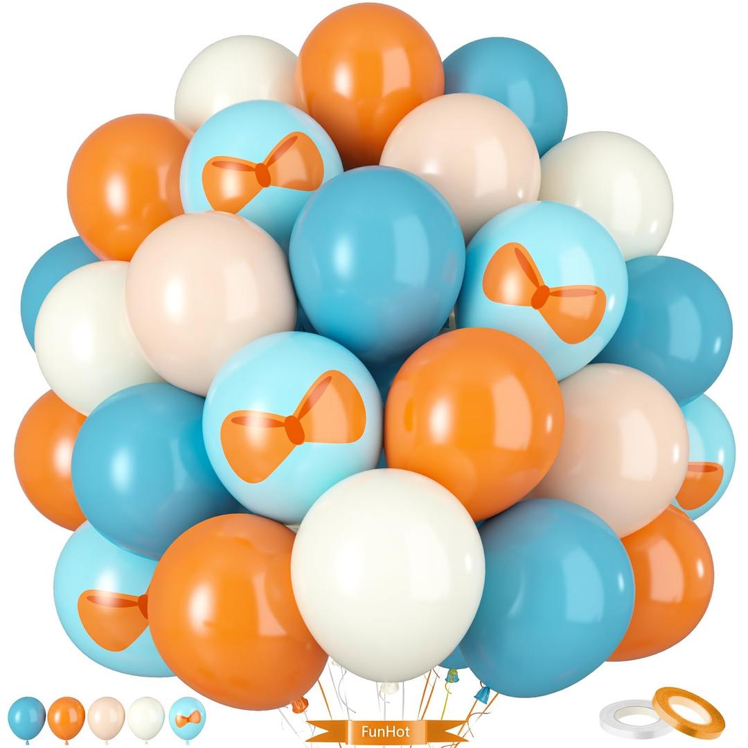 Orange And Blue Balloons, 50PC 12 Inch Dusty Blue Ivory White Macaron Orange Bow Print Balloons for Birthday Baby Shower Wedding Party Decorations